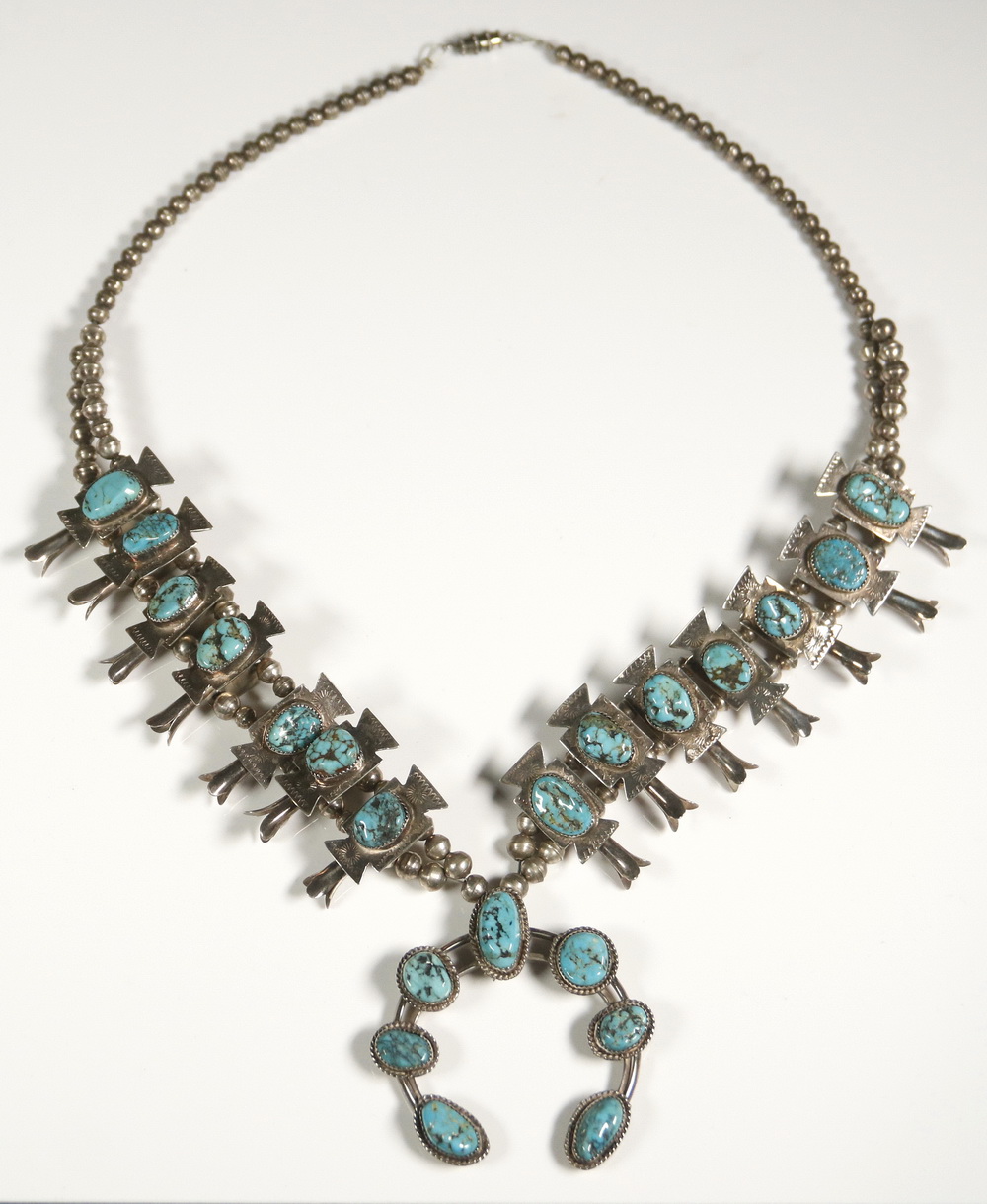 Appraisal: SILVER AND TURQUOISE SQUASH BLOSSOM NECKLACE Vintage Native American Crafted