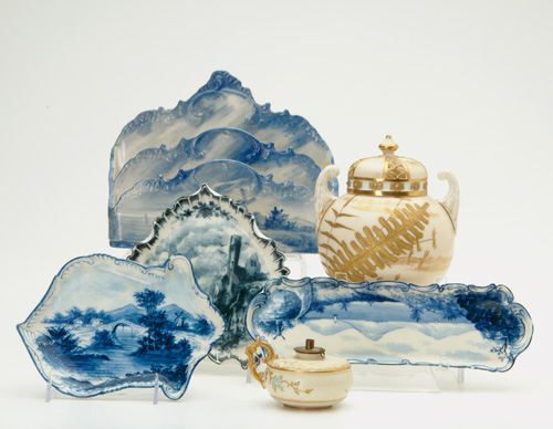 Appraisal: BELLEEK Assorted desk-set pieces four in the Delft style a