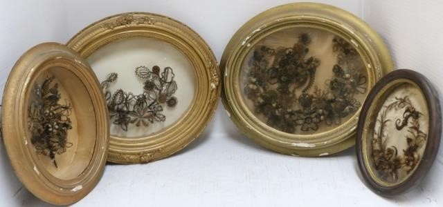 Appraisal: LOT OF FOUR TH CENTURY HAIR WREATHS IN OVALSHADOWBOX FRAMES