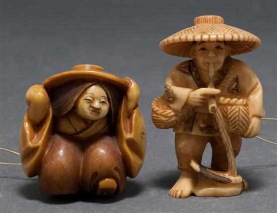 Appraisal: Two Japanese carved ivory netsukes girl holding a hat onto