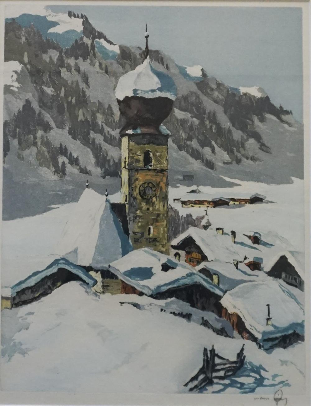 Appraisal: Hans Figura Austrian - View of Village in Winter Etching