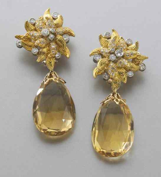 Appraisal: Julius Cohen K diamond and citrine earringsmounted with round brilliant