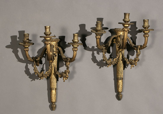 Appraisal: Pair of Louis XVI Style Ormolu Three-Light Bras de Lumi