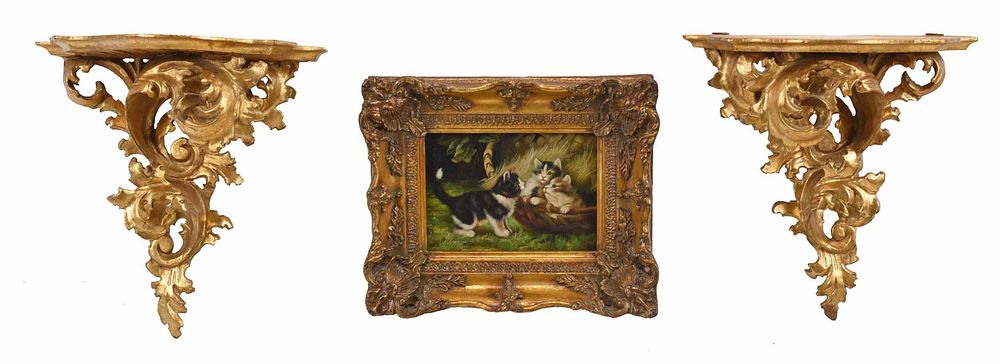 Appraisal: Pair of Gilt Wall Brackets Gilt Framed Painting Continental th