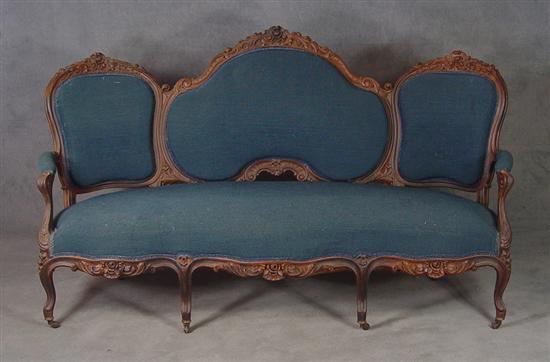 Appraisal: Blue Victorian Walnut Triple Back Sofa Circa Rose finger carved