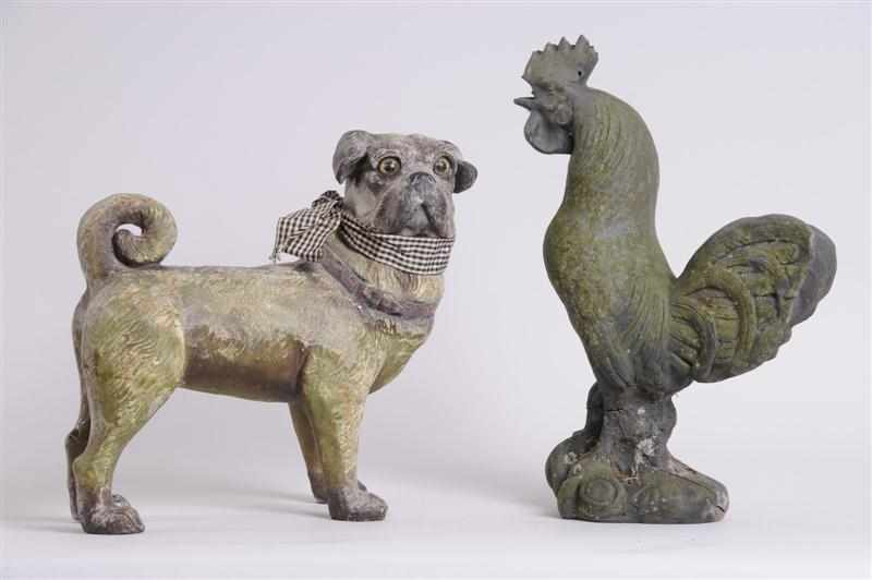 Appraisal: TWO ANIMAL FIGURES Comprising a painted pottery pug with glass