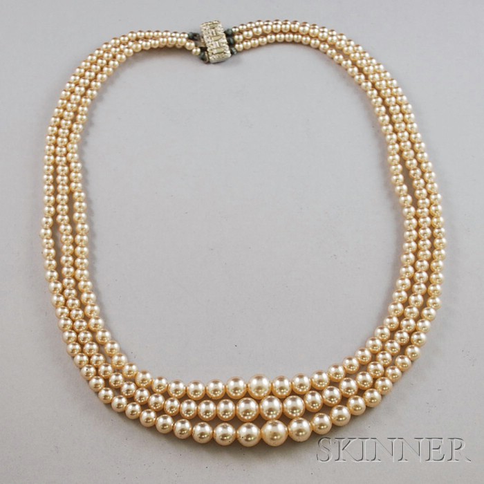 Appraisal: Triple-strand Faux Pearl Necklace with a sterling silver and synthetic