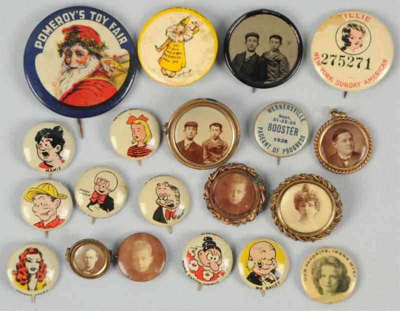 Appraisal: Approximately Political Button Pins Includes portrait pins comic pins and