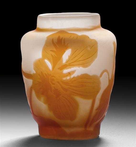 Appraisal: GALL MILE SMALL VASE circa Acid-etched white glass with orange