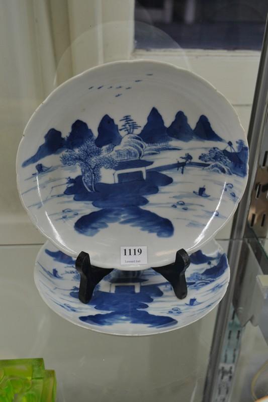 Appraisal: TWO KANGXI STYLE BLUE WHITE DISHES A F