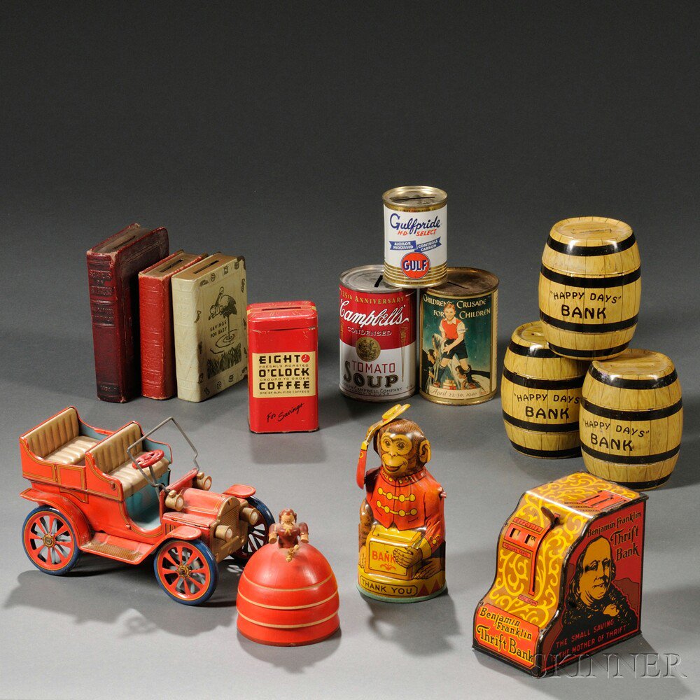 Appraisal: Twelve Lithographed Tin Banks and a Toy three book-form banks