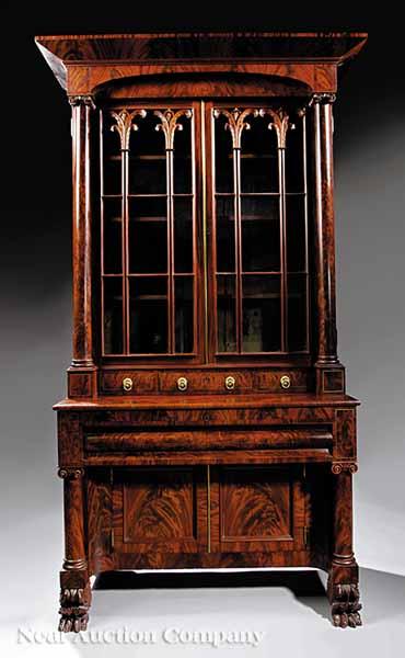 Appraisal: An American Classical Mahogany and Brass Inlaid Secretary Bookcase early