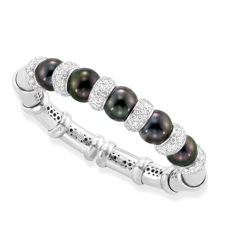 Appraisal: White Gold Black Cultured Pearl and Diamond Bangle Bracelet J