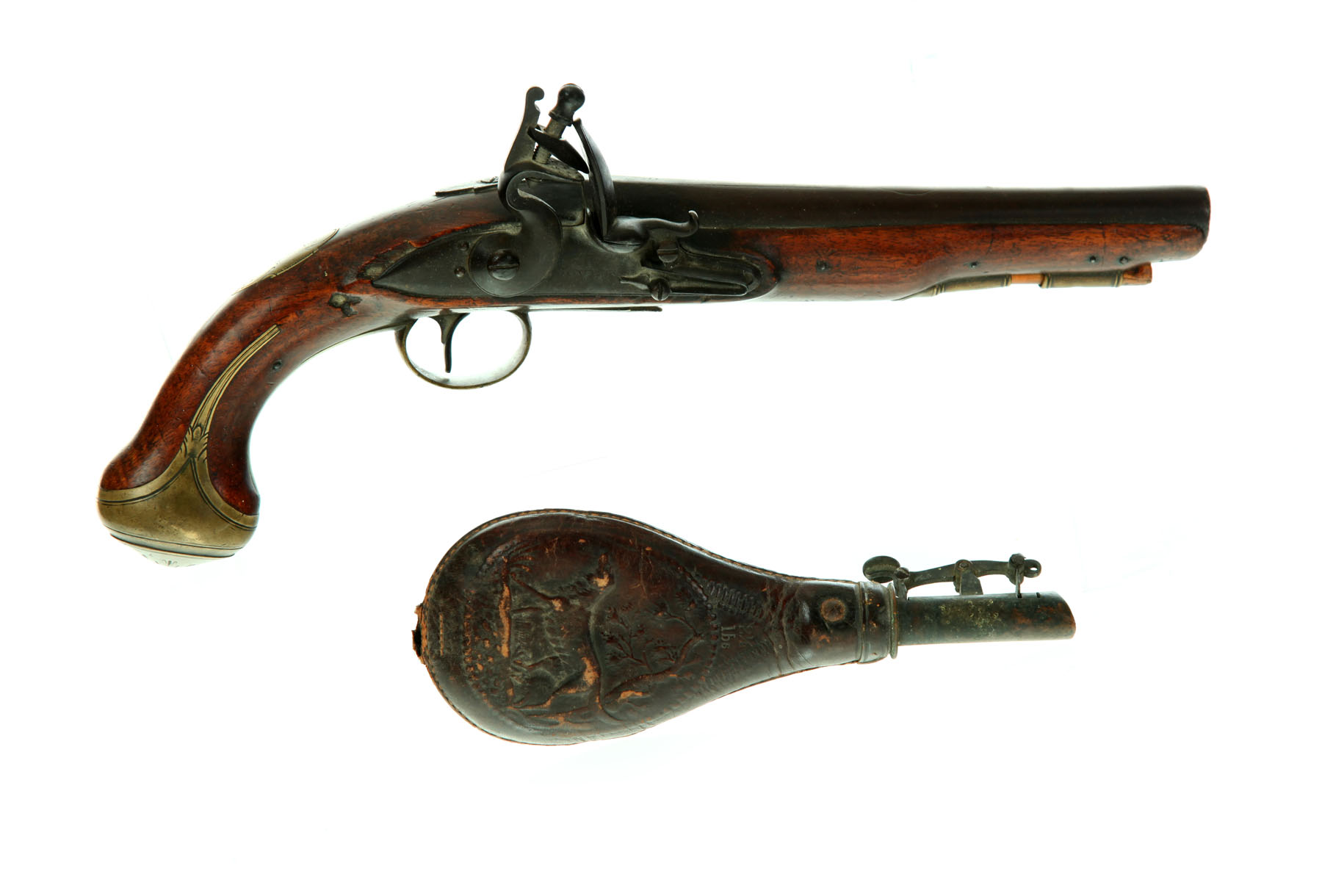 Appraisal: FLINTLOCK PISTOL AND FLASK England th century Approx cal ''