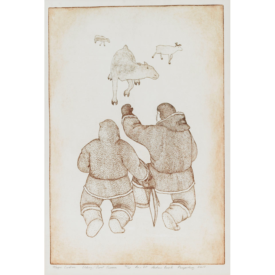 Appraisal: ANDREW KARPIK - E - Pangnirtung MAGIC CARIBOU etching burnt