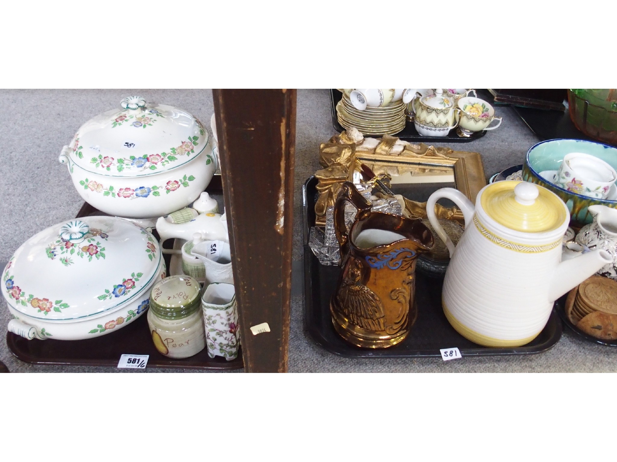 Appraisal: Six trays comprising various ceramics including soup tureens pottery jug