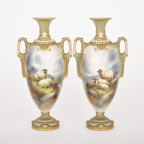 Appraisal: Pair of Royal Worcester Two-Handled Vases Harry Davis painted in