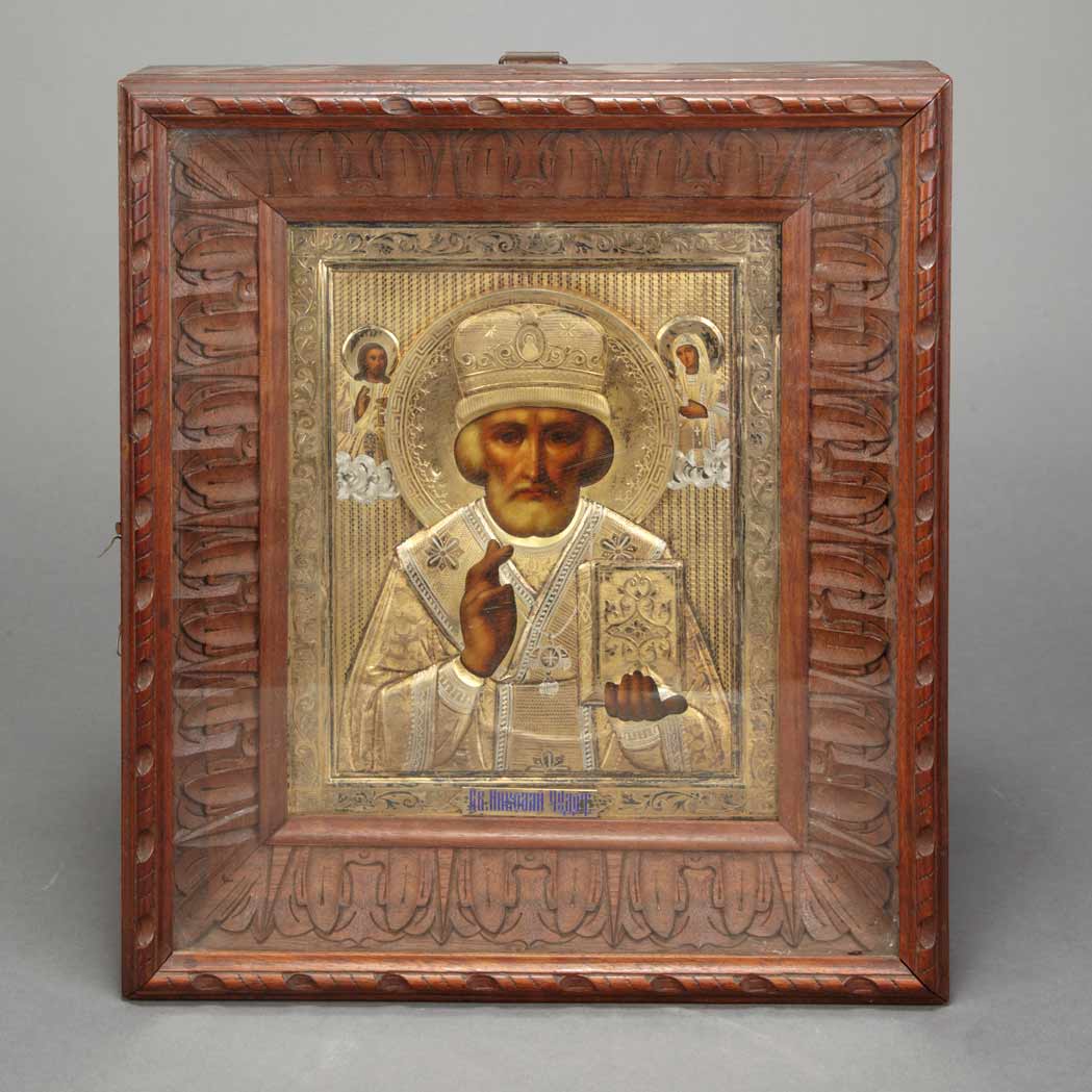 Appraisal: Russian Silver Gilt and Painted Wood Icon of St Nicholas