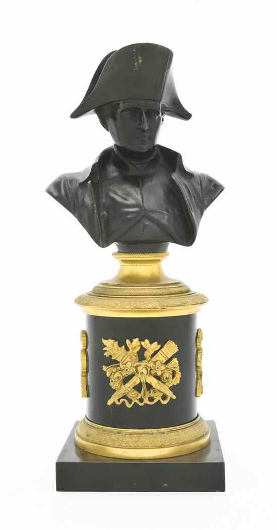 Appraisal: A Patinated Bronze Bust of Napoleon raised on an engine