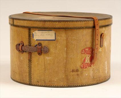 Appraisal: Brass-Banded Hat Box with Leather Strap in in diam Provenance