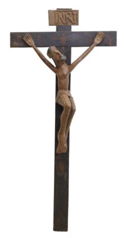 Appraisal: Folk Art carved and painted crucifix wood cross with Corpus