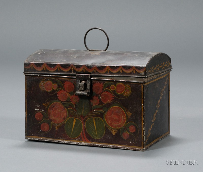 Appraisal: Polychrome Decorated Tinware Dome-top Trunk America early th century decorated