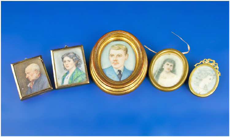 Appraisal: Collection Of Five Portrait Miniatures All Early thC Comprising A