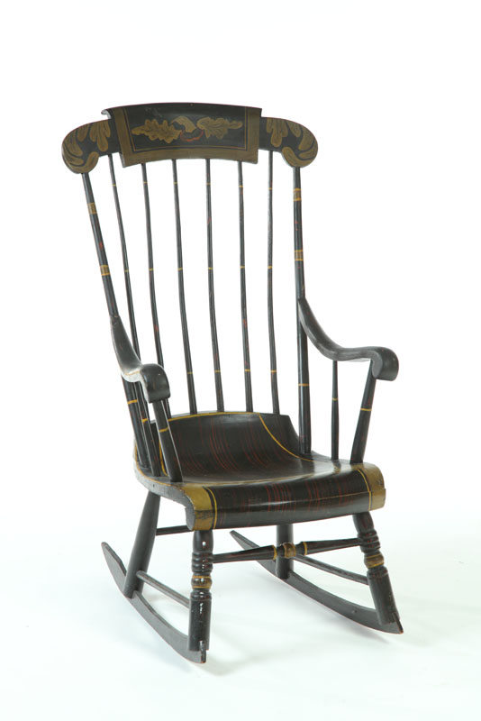 Appraisal: DECORATED ROCKING CHAIR American nd quarter- th century mixed woods