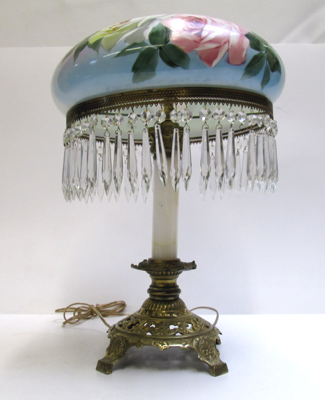 Appraisal: HAND PAINTED DOME LAMP WITH PENDALOGUES featuring hand painted rose