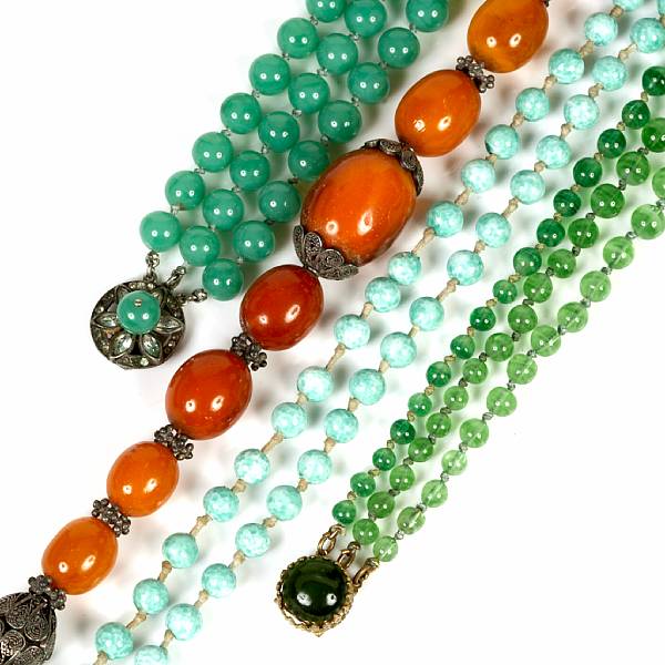 Appraisal: A group of semi-precious and glass bead necklaces