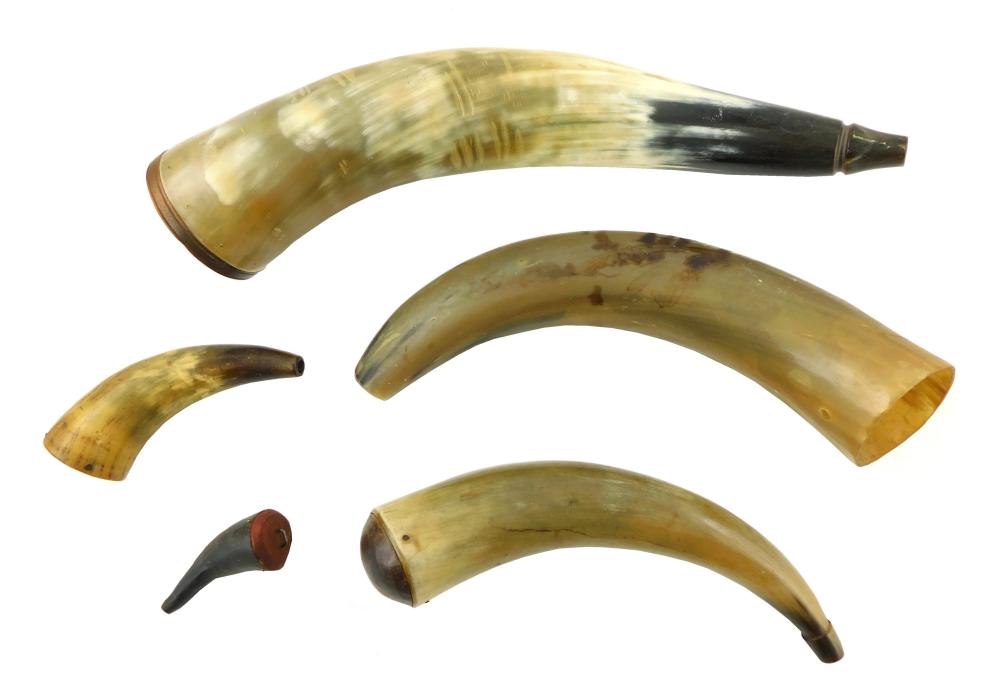 Appraisal: FIVE TH C POWDER HORNS TWO PRIMING TWO WITH FLAT