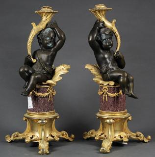 Appraisal: Pair of French dore bronze figural candelabra Pair of French