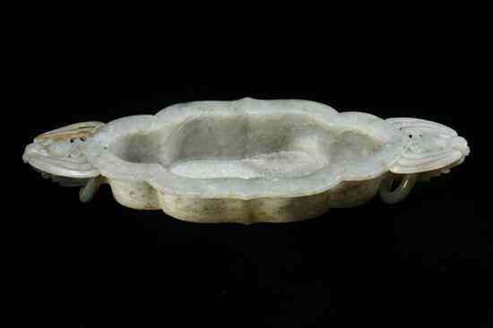 Appraisal: CHINESE JADE LOTUS PETAL BRUSH WASHER th century Bat-form handles