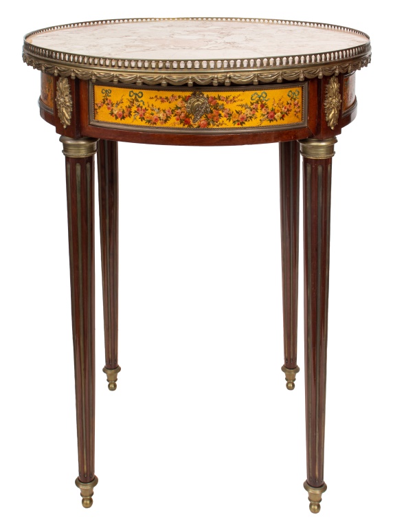 Appraisal: LOUIS XVI STYLE BRASS MOUNTED SIDE TABLE W MARBLE Louis