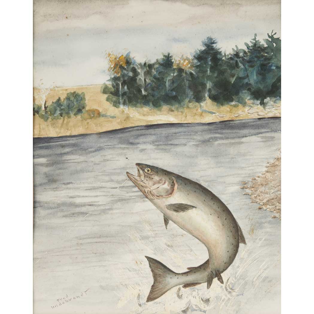 Appraisal: ANGLING HILDEBRAND FRED Atlantic Salmon Hooked Watercolor on watercolor paper