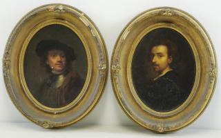 Appraisal: After Rembrandt Pair of th C Oil on Canva Portraits