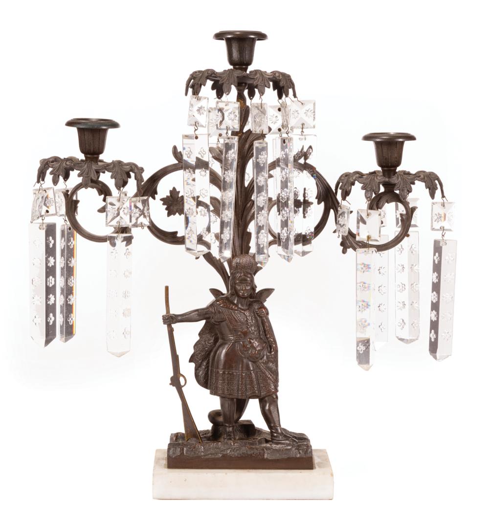 Appraisal: Good American Patinated Bronze White Marble and Cut Crystal Three-Light