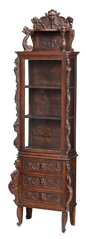 Appraisal: Florentine Carved Walnut Figural Display Cabinet Italian late th century