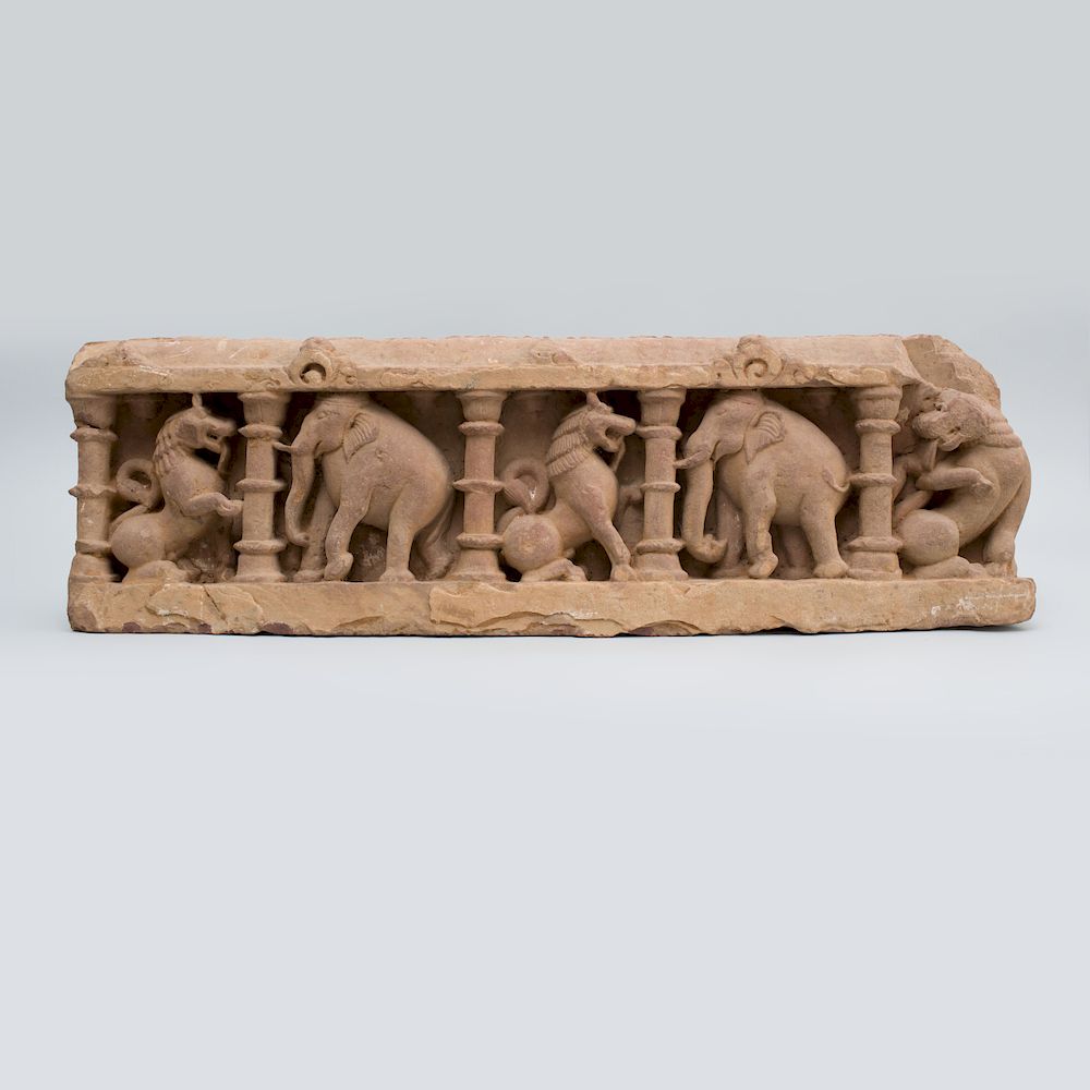 Appraisal: Indian Carved Sandstone Fragmentary Frieze of Elephants and Rampant Lions