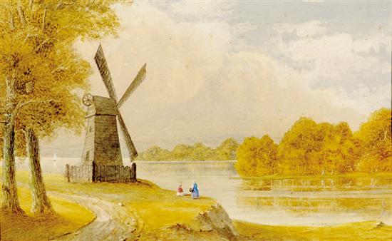 Appraisal: Continental school th century WINDMILL ON RIVER watercolor framed signed