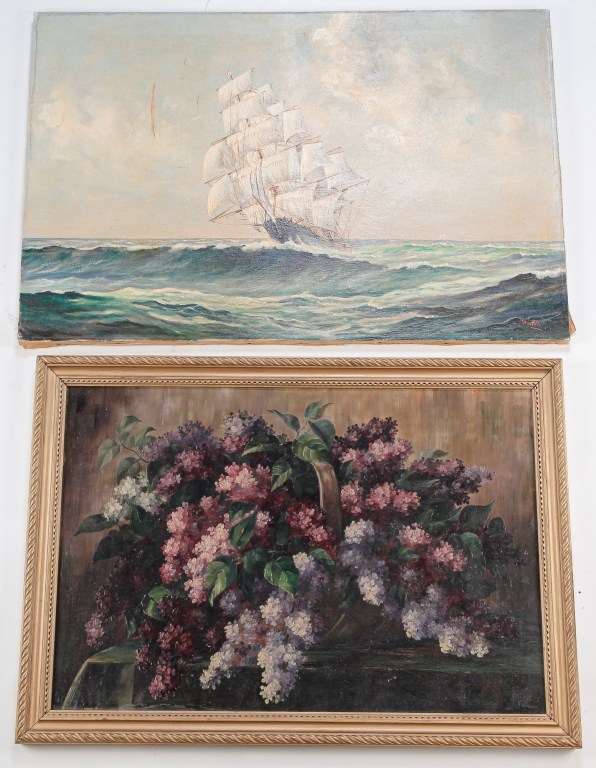 Appraisal: TWO SAILING SHIP AND STILL LIFE PAINTINGS Twentieth century Oil