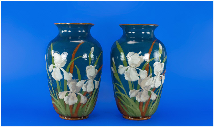 Appraisal: Pair of Fine Langley Ware Vases Hand-painted and raised decoration