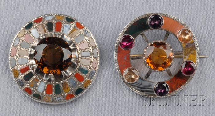 Appraisal: Two Victorian Silver Scottish Agate and Gem-set Circle Brooches one