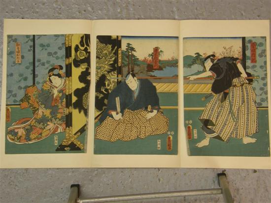 Appraisal: Japanese triptych woodblock print depicting three figures in an interior