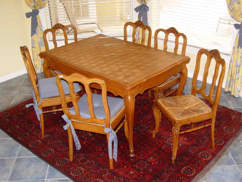 Appraisal: COUNTRY FRENCH PARQUETRY INLAY DINING TABLE CHAIRS Draw leaf table