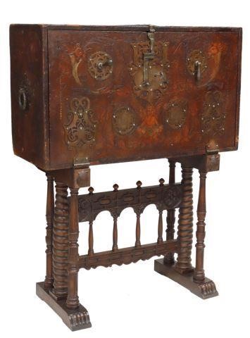 Appraisal: Spanish vargueno bargueno on stand th th c leather-clad case