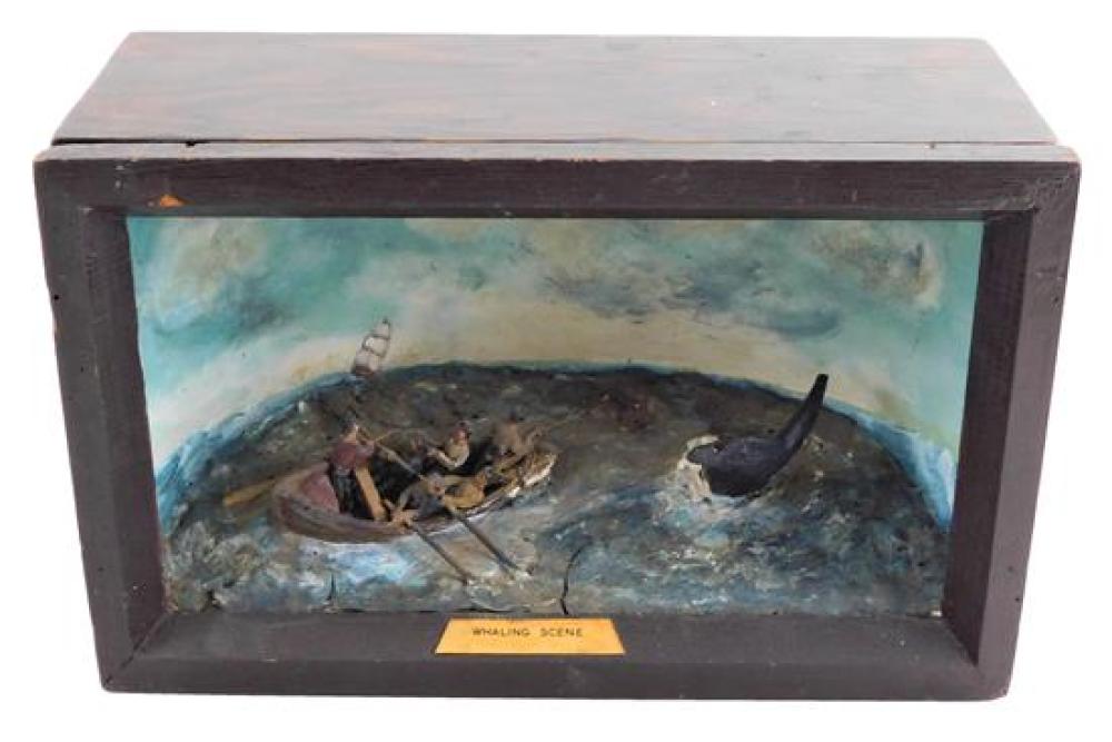 Appraisal: Whaling Scene diorama with whale tale breaking through waves at