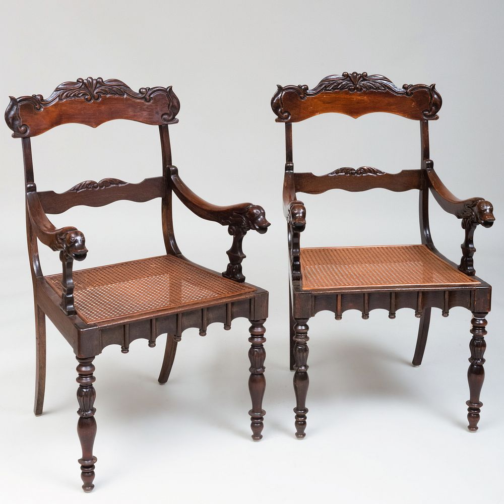 Appraisal: Pair of Continental Carved Mahogany and Caned Armchairs x x