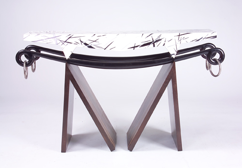 Appraisal: WENDELL CASTLE Console table with Caligari-decorated top and two ebonized