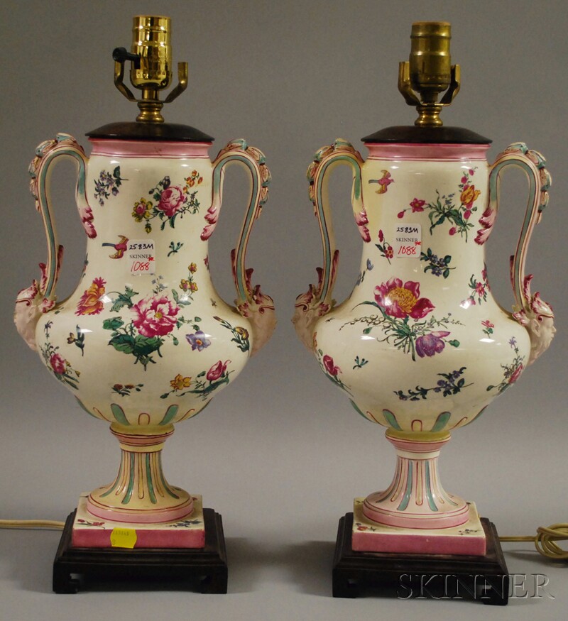 Appraisal: Pair of European Urn-shaped Floral-decorated Table Lamps on wooden bases